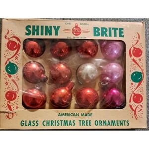 Vtg Shiny Brite USA Made Glass Christmas Tree Ornaments 12-Pack Orig Box 1950s